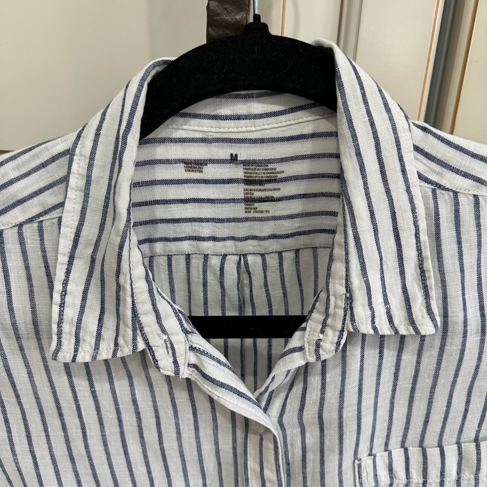 Muji Washed Linen Regular Collar Long Sleeve Striped Shirt